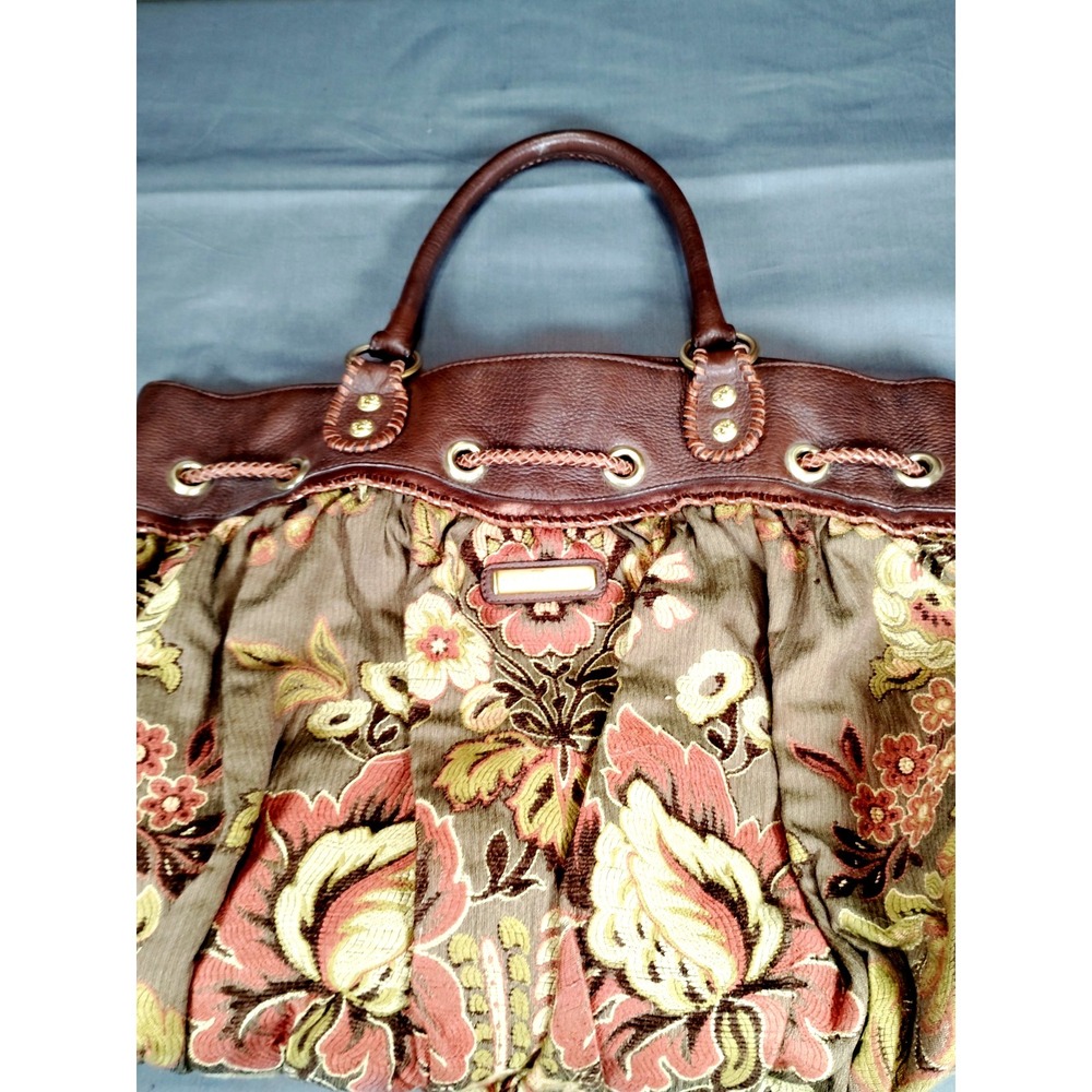 Isabella Fiore Floral Tapestry Satchel Handbag Brown Leather Trim Boho VTG Purse - Picture 15 of 16